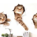 かわいい3匹の猫が壁を突き破って部屋に入ってくるトリックアートステッカー
