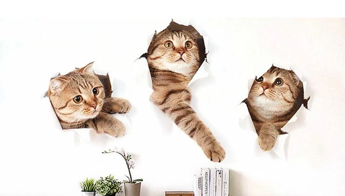 3匹の猫が壁を突き破って部屋に入ってくるトリックアートステッカー